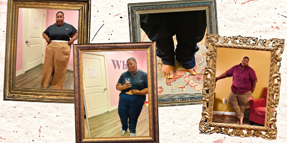 A collage of the author, shea wesley martin, in four different pair of Chino pants, each in a gold picture frame. shea is a fat black nonbinary person with glasses and a fade haircut.