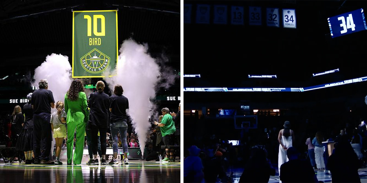 Sue Bird and Sylvia Fowles watch as their jerseys are lifted to the rafters.