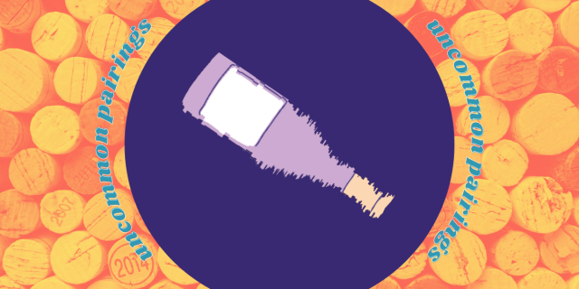 a fuzzy wine bottle against a purple circle with orange corks in the background. UNCOMMON PAIRINGS