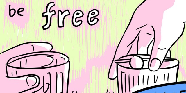 The words "be free" over a drawn photos of hands hold water glasses, all in colors of pink and green.