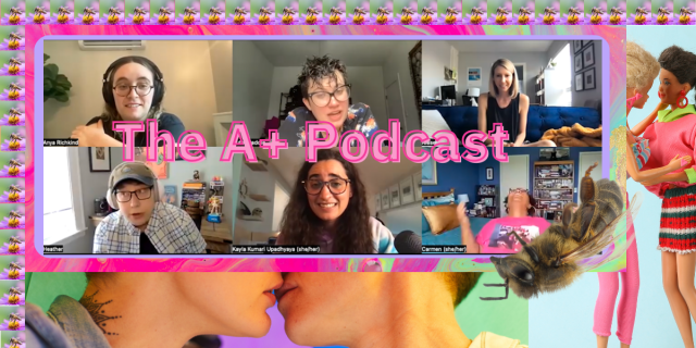 a chaotic collage of a screenshot from the podcast, barbies getting intimate, queers kissing, and bees