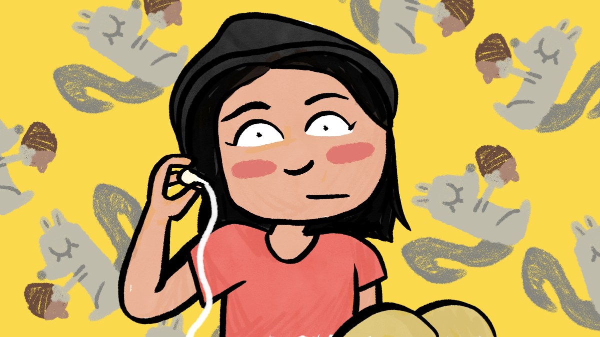 An animated illustration of an Asian teen girl listening to headphones with squirrels in the background.