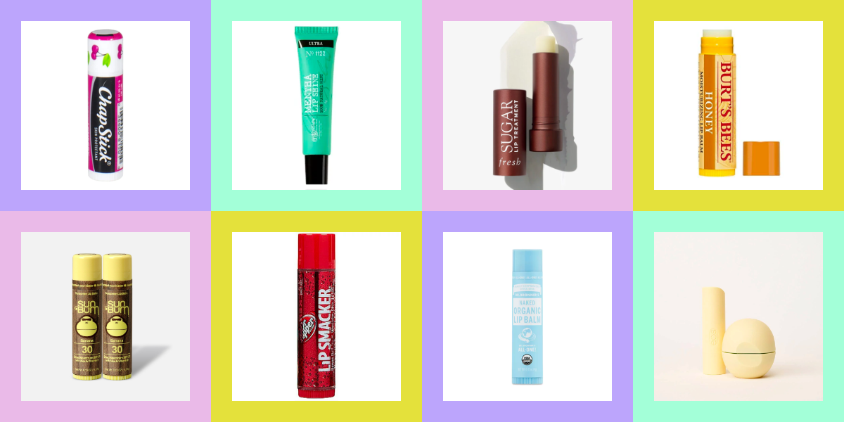 collage of chapsticks! top row: cherry chapstick, ceo bigelow, fresh, burts bees. bottom row: sun bum, dr pepper lip smackers, dr bronners, eos