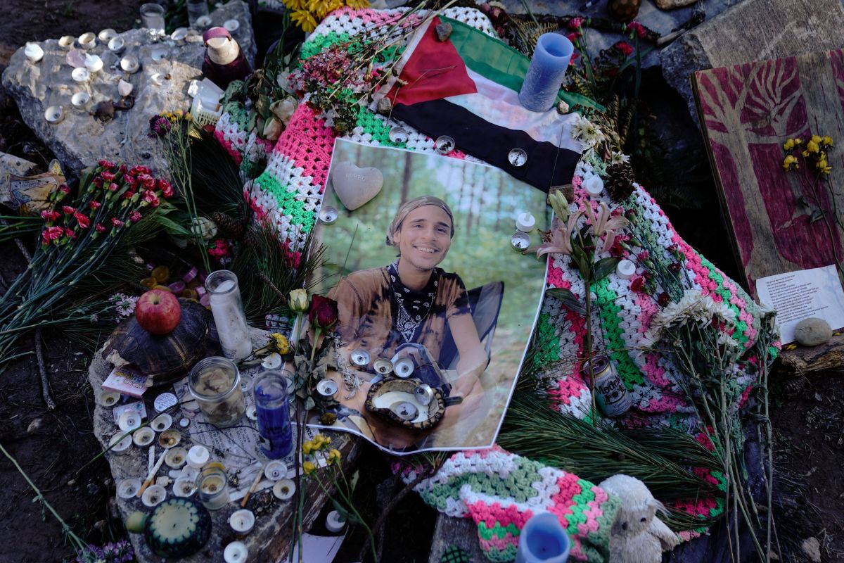 A makeshift memorial for environmental activist Manuel Teran, who was deadly assault by law enforcement during a raid to clear the construction site of a police training facility that activists have nicknamed "Cop City" near Atlanta, Georgia on February 6, 2023. - Teran was allegedly shot by police on January 18, 2023, during a confrontation as officers cleared activists from a forest, the planned site of a police-training facility.