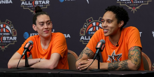 Breanna Stewart (L) #30 and Brittney Griner #42 of Team Stewart speak during a WNBA All-Star Game media availability at Michelob ULTRA Arena on July 14, 2023 in Las Vegas, Nevada.