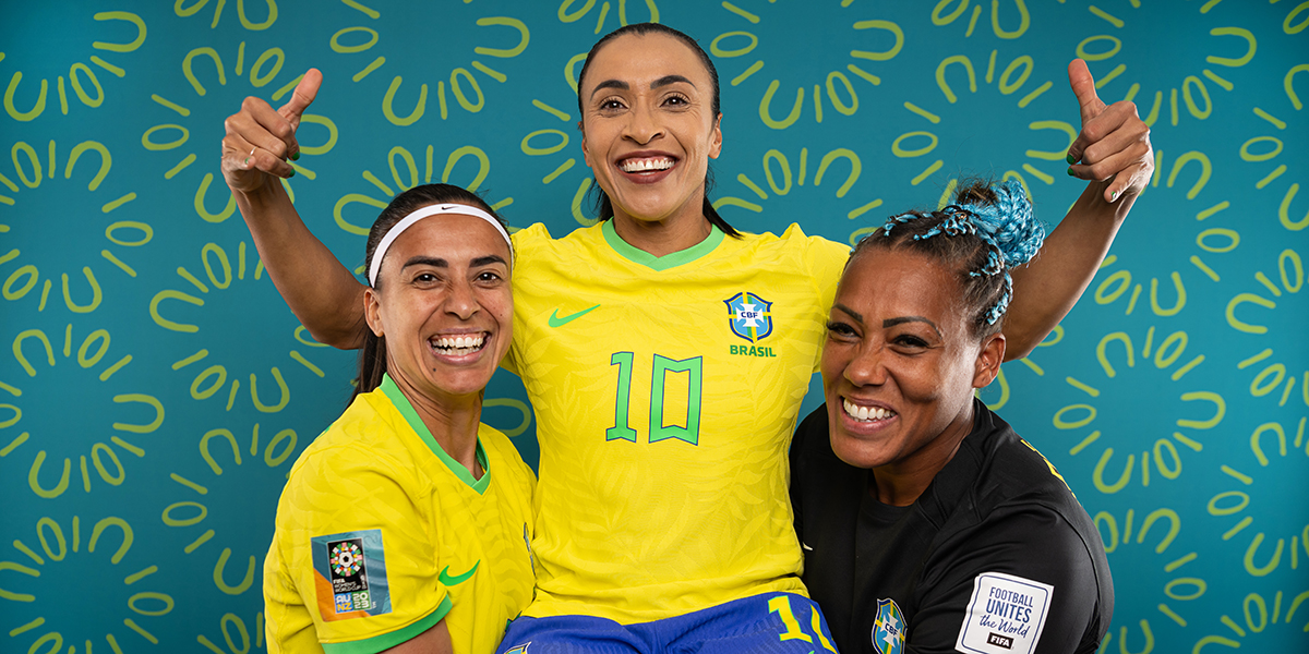 Andressa and Marta and Barbara of Brazil poses for a portrait during the official FIFA Women's World Cup Australia & New Zealand 2023 portrait session on July 19, 2023 in Brisbane, Australia.