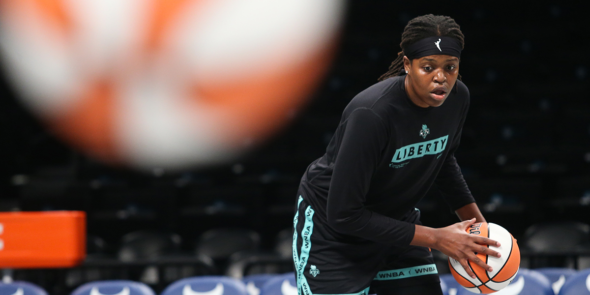 Jonquel Jones #35 of the New York Liberty warms up prior to the game against the Indiana Fever at Barclays