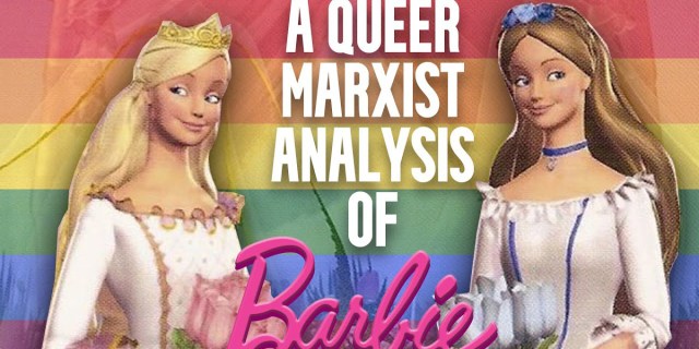 A Queer Marxist Analysis of Barbie is written on top of a bride flag and two Barbie dolls