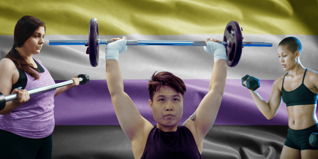 three athletes lift weights against the background of a nonbinary pride flag