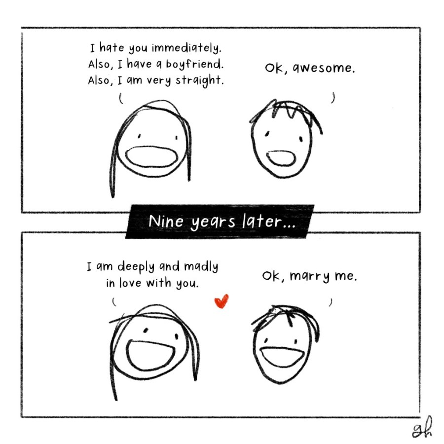 a cartoon representation of the story in which one person tells the other that they are straight and in a relationship with a boy and then, nine years later, asks them to marry them.