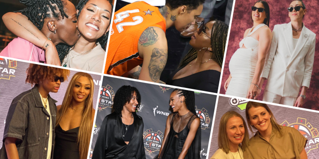 Left to Right, Top to Bottom: Chelsea and Tipsea Grey, Brittney and Cheryl Griner, Breanna Stewart and Marta Xargay, Naylssa Smith and DiJonai Carrington, Alyssa Thomas and Dewanna Bonner, Courtney Vandersloot and her wife Allie Quigly, all of these queer couples were at the 2023 WNBA All Star Game.