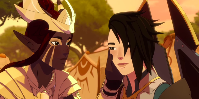 Janai caresses Amay's face in The Dragon Prince season five