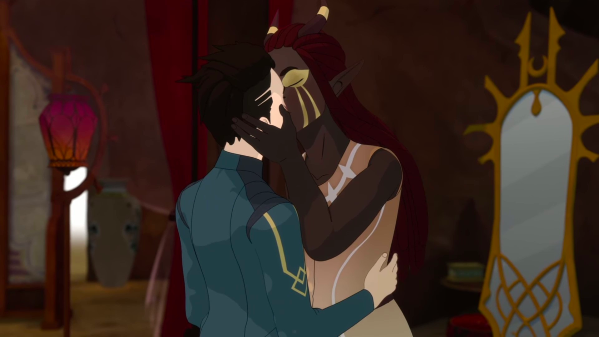 Janai caresses Amay's face and kisses her in The Dragon Prince season five