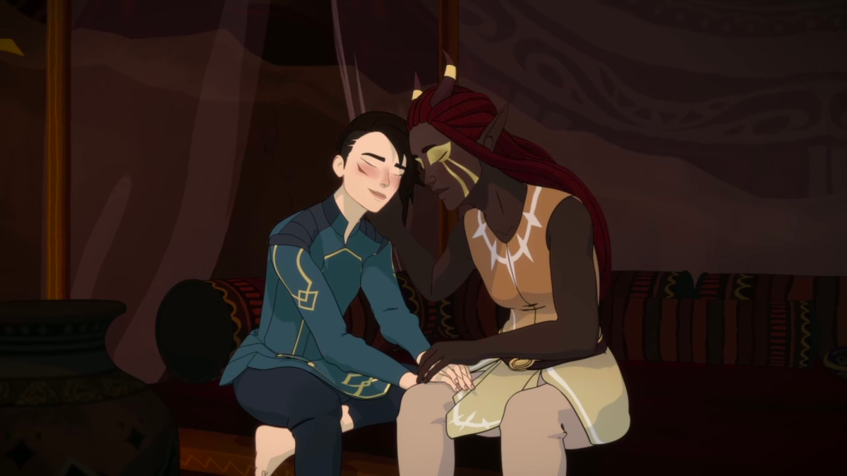 Janai and Amay's sit with their heads pressed together in The Dragon Prince season five