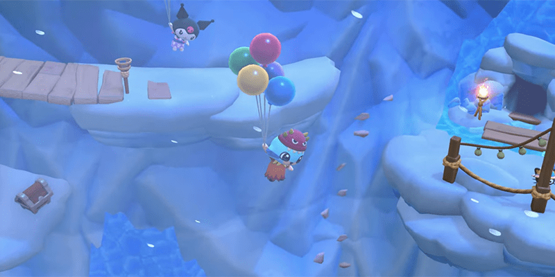 Jumping off a snowy cliff using balloons as a glider in Hello Kitty Island Adventure 