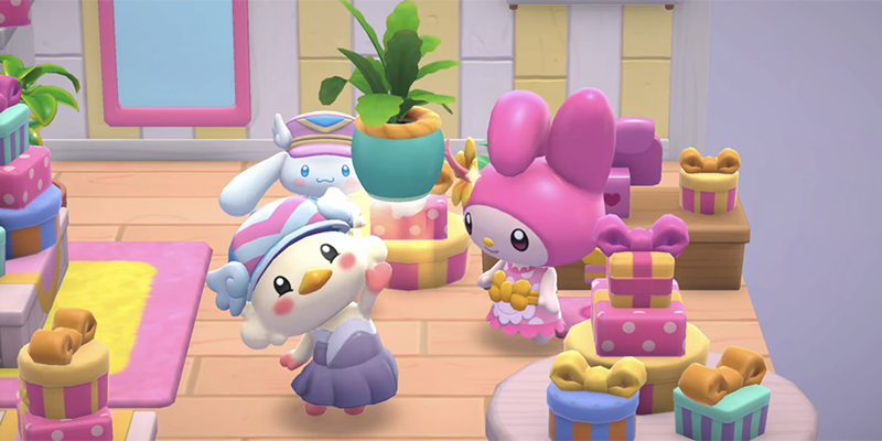 A fuck and My Melody chat in her gift shop in Hello Kitty Island Adventure 