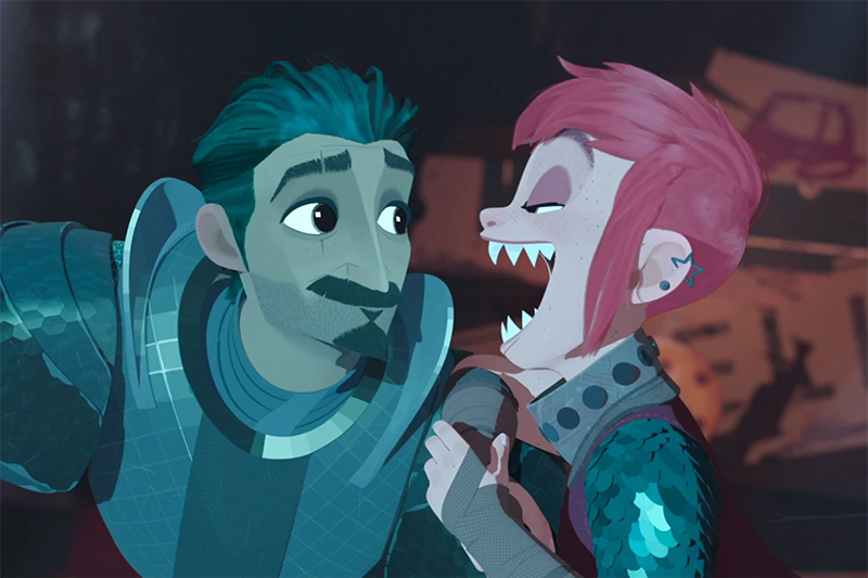 Nimona smiles hugely at Ballister in Netflix's adaptation of ND Stevenson's graphic novel