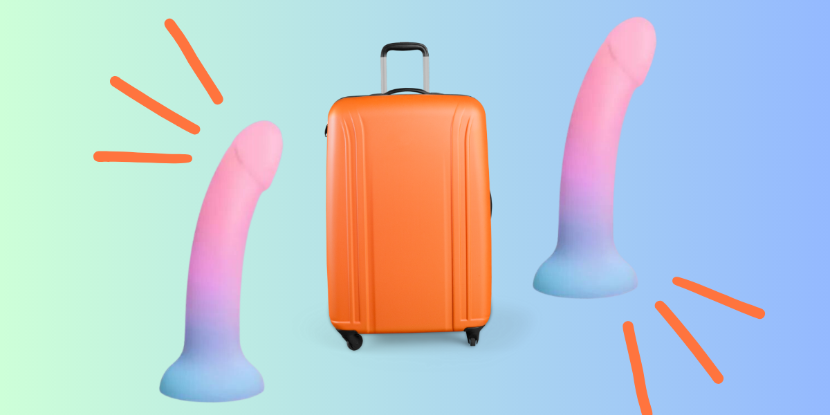 a pink and blue dildo and an orange suitcase