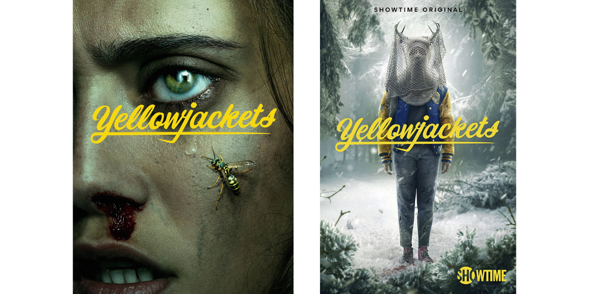 Jackie on the season 1 Yellowjackets poster sees the Antler queen in her eye. The antler queen on the Yellowjackets season 2 poster