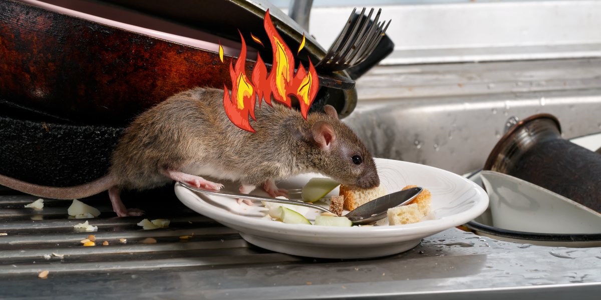 a rat finding snacks with cartoon flames emanating from it