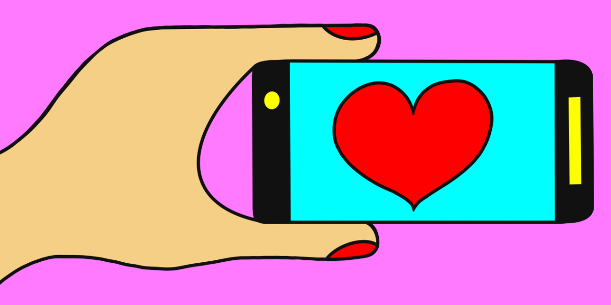 a cartoon of a hand holding a phone with a heart on it