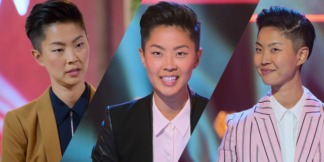 Kristen Kish wearing three different suits on Iron Chef