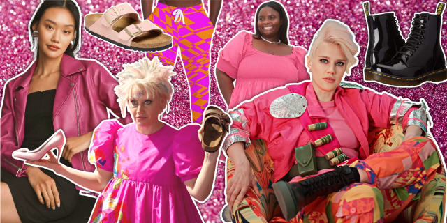 A collage over a pink sparkle background: Weird Barbie played by Kate McKinnon as both the rebel leader at the end of the Barbie movie and as the Birkenstock guide early in the movie. Then also, left to right: an Asian woman in a pink leather jacket, pink Birkenstocks, a Black woman in a pink dress, pink and orange patterned sweatpants, and black Birkenstocks.