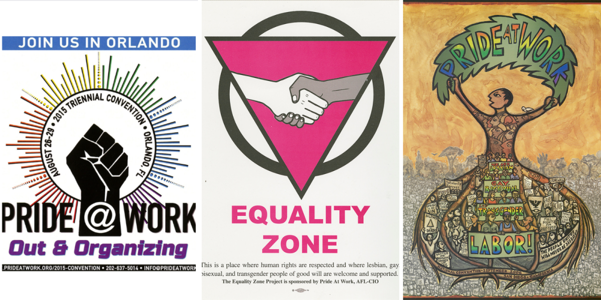 Three side by side posters for the organization Pride at Work across the decades