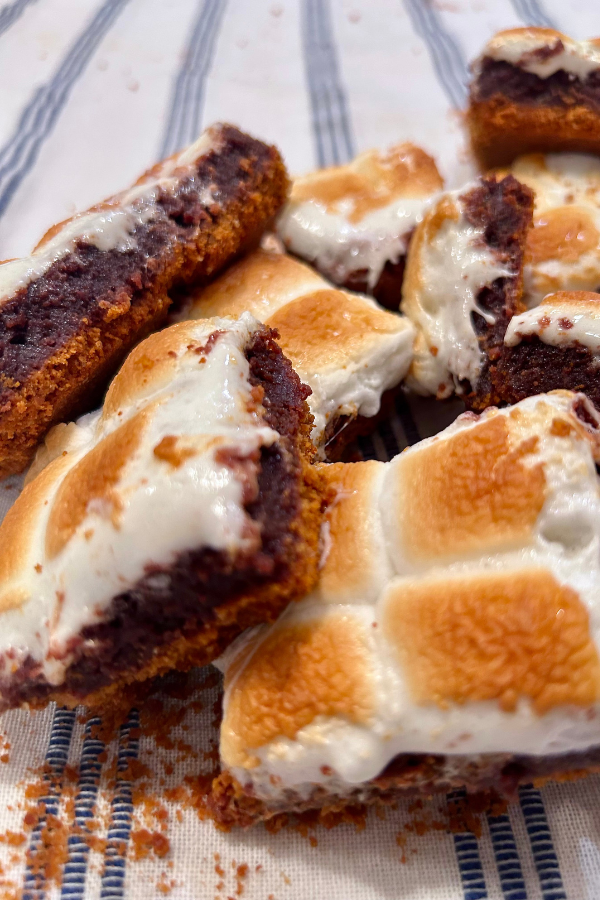 S'mores Brownies, strewn about messily over a blue and white table cloth