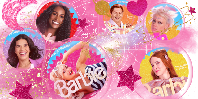 A pink sky with sparkles and zodiac signs, floating in the sky are the following Barbie characters: Margot Robbie as Stereotypical Barbie, America Ferrera as Gloia, Issa Rae as President Barbie, Michael Cena as Allan, Hari Nef as Doctor Barbie, and Kate McKinnon as President Barbie
