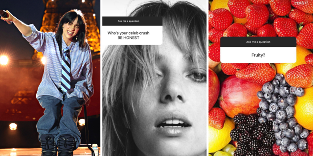Three images, side by side: Billie Eilish performing on stage, a screenshot of Billie's IG with the question Who is Your Celebrity Crush, and a screenshot of Billie's IG showing fruit in response to the question "Fruity?"