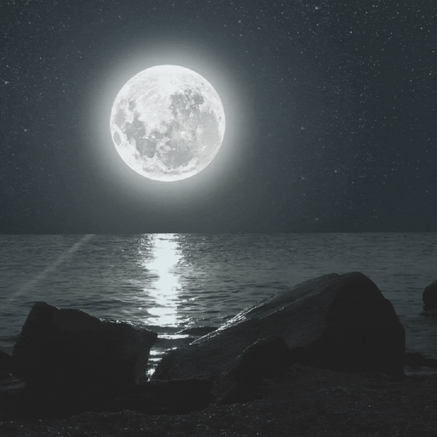 a GIF of a moon reflecting on water. the blue supermoon is in pisces, a water sign.