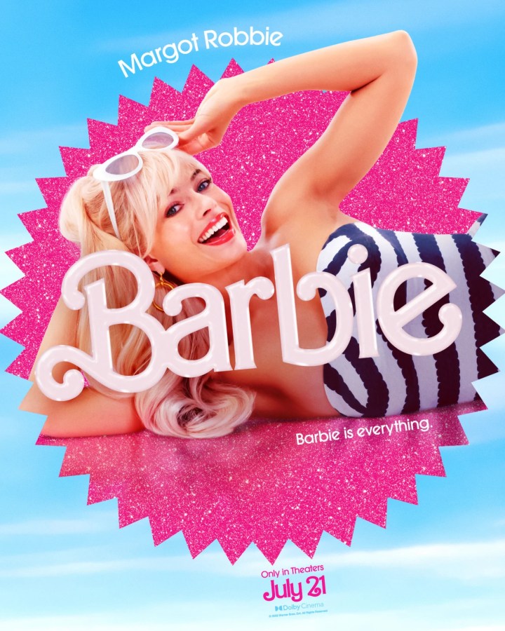 Margot Robbie as Barbie (she's in a black and white stripped bathing suit)