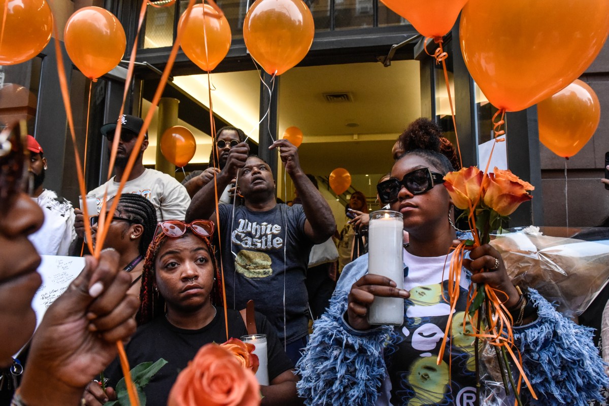 NEW YORK, NEW YORK - AUGUST 5: People participate in a memorial vigil for O'Shae Sibley on August 5, 2023 in New York City. O'Shae Sibley was stabbed to death at a gas station in Brooklyn on July 29th after being seen dancing in the parking lot.