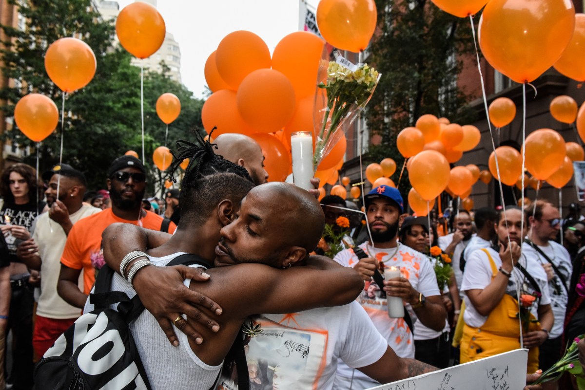 NEW YORK, NEW YORK - AUGUST 5: People participate in a memorial march and vigil for O'Shae Sibley on August 5, 2023 in New York City. O'Shae Sibley was stabbed to death at a gas station in Brooklyn on July 29th after being seen dancing in the parking lot. 
