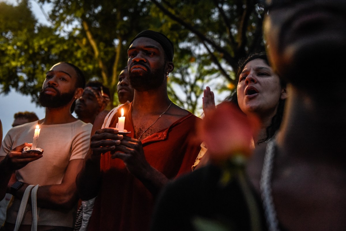 NEW YORK, NEW YORK - AUGUST 5: People participate in a memorial march and vigil for O'Shae Sibley on August 5, 2023 in New York City. O'Shae Sibley was stabbed to death at a gas station in Brooklyn on July 29th after being seen dancing in the parking lot.