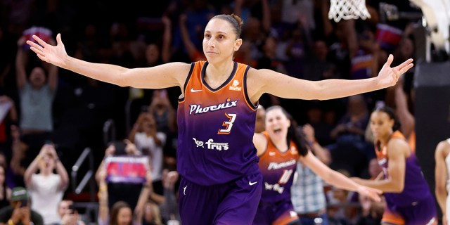 Guard Diana Taurasi #3 of the Phoenix Mercury reacts after scoring her 10,000th career point during the second half against the Atlanta Dream at Footprint Center on August 03, 2023 in Phoenix, Arizona.