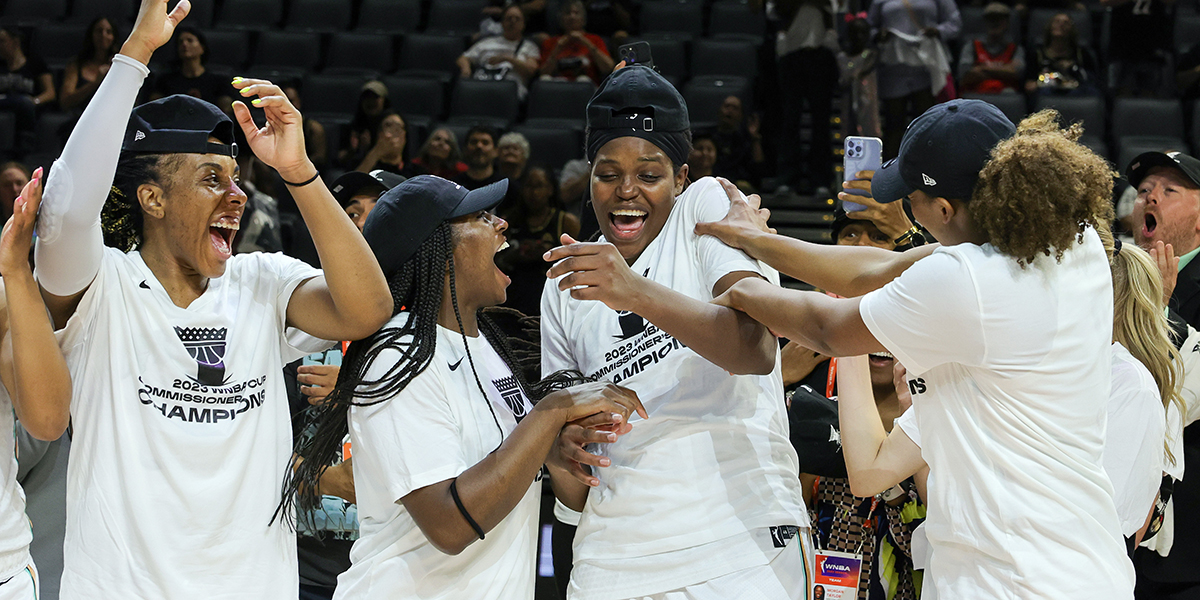 Kayla Thornton #5, Jocelyn Willoughby #13, Jonquel Jones #35 and Nyara Sabally #8 of the New York Liberty react as Jones is named MVP of the 2023 Commissioner's Cup Championship game after the team's 82-63 victory over the Las Vegas Aces at Michelob ULTRA Arena on August 15, 2023 in Las Vegas, Nevada.
