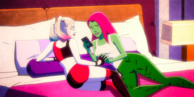 Harley and Ivy lay together in bed in Harley Quinn season 4
