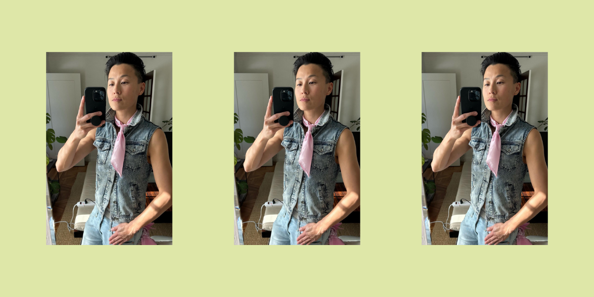 Melissa King in a denim vest and pink bandana