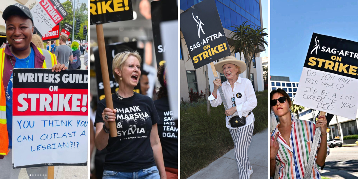 Left to Right: Brittani Nichols at WGA protest, Cynthia Nixon at SAG-AFTRA protest, Holland Taylor at SAG-AFTRA protest, and Aubrey Plaza at SAG-AFTRA protest.