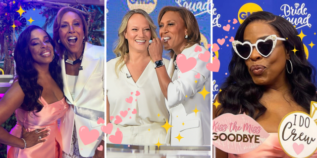 A collage of three photos of Niecy Nash, Robin Roberts, and her fiancee Amber Laign on Good Morning America with hearts and sparkles all over it.