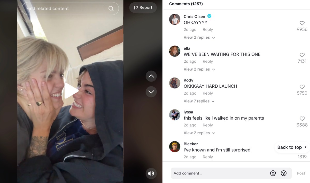 screenshot of Tiktok of Renee and Alyssa with comments reading OOHKKKK and WE'VE BEEN WAITING FOR THIS ONE and OKAAYYY HARD LAUNCH