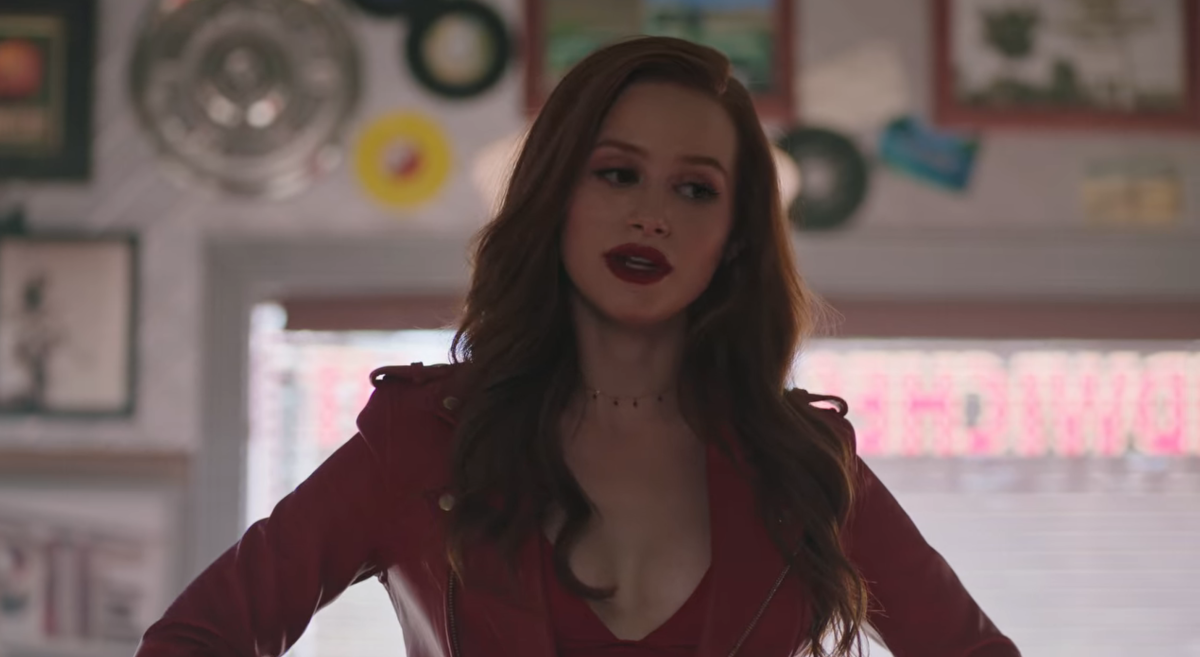 Cheryl Blossom in a red bra and red jacket in Riverdale