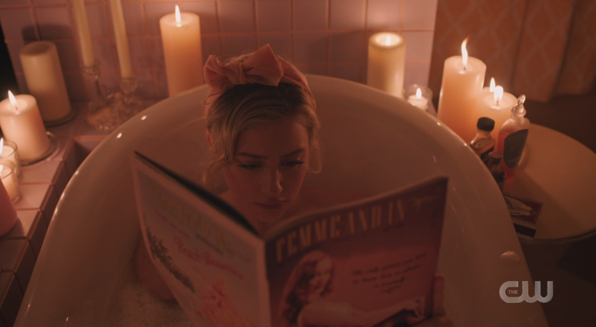 Betty reads Femme and In magazine in the tub in Riverdale