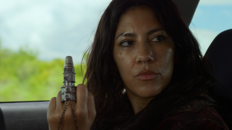Twisted Metal: Stephanie Beatriz as Quiet gives the middle finger with her metal prosthetic.