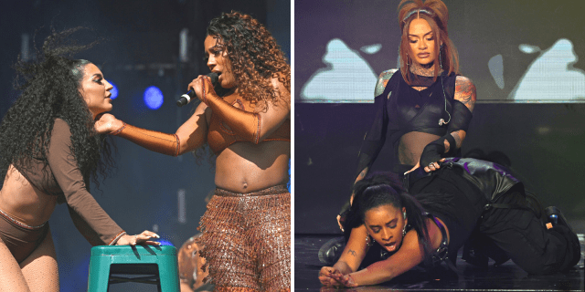 Side by side photos of Victoria Monet and Kehlani in concert, both are Black queer singers dressed in Black Lingere and dancing seductively with their Black women dancers.