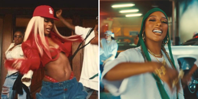 Victoria Monet in the "On My Mama" video in two side-by-side images: on the left, in a red bra and baseball cap, with baggy pants, on the right in an oversized white tee and green do-rag.