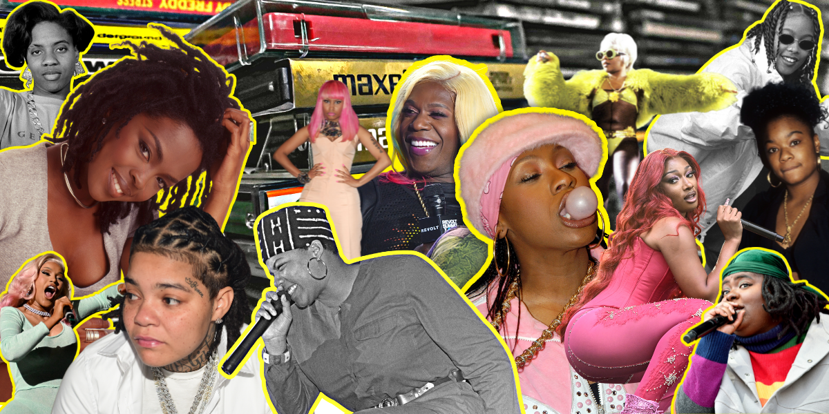 A collage of women in hip hop, outlined in yellow, in front of a pile of mixtapes. Left to right: Lauryn Hill, Cardi B, Young M.A., Queen Latifah, Nicki Minaj, Big Freeda, Missy Elliott, Megan thee Stallion, Chika, Roxane Shante, Da Brat, and Lil Kim