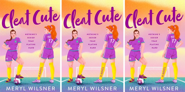 An illustration of two women's soccer players facing each other in their purple uniforms on the cover of Meryl Wilsner's Cleat Cute